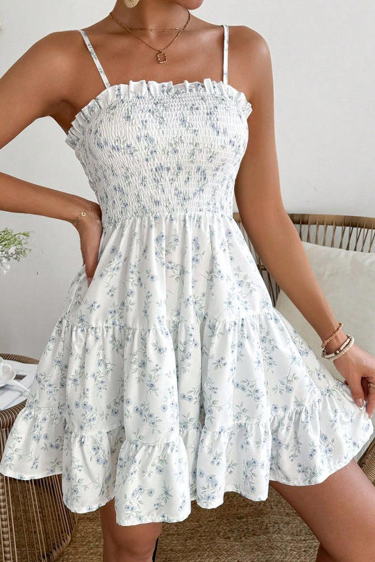 French Floral Print Waist Cinching Dress