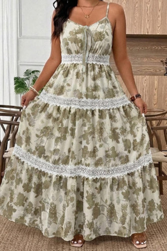 V-neck Printed Lace Waist Cinching Dress