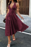 V-neck Hanging Neck Pleated  Waist Cinched Dress
