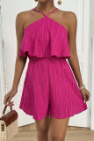 Solid Color Neck Hanging Ruffle Edge Jumpsuit