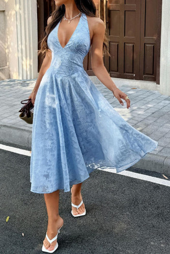 V-neck Hanging Neck Pleated  Waist Cinched Dress