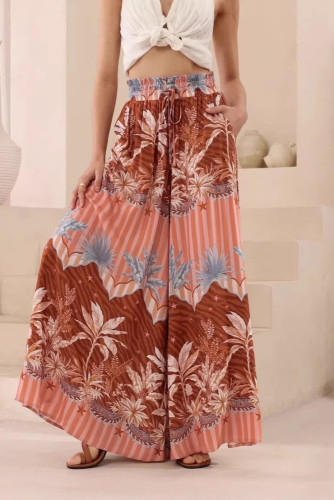 Printed Elastic Waist Wide Leg Pants