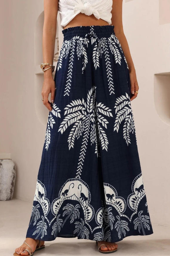 Printed High Elastic Waist Wide Leg Pants