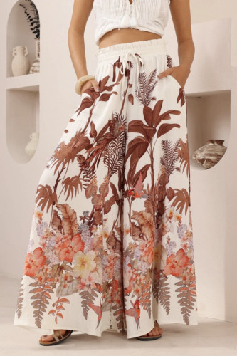 Leaf Print Loose Elastic Waist Wide Leg Pants