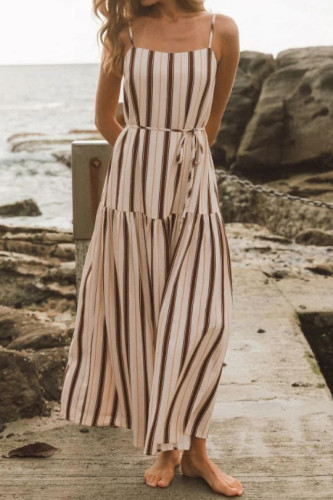 Striped Printed Waist Cinched Sleeveless Dress