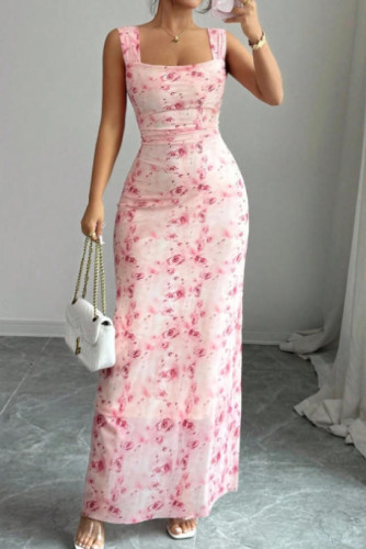 Floral Print Sleeveless Waist Cinching Dress