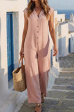 French Style V-neck Sleeveless Button Jumpsuit