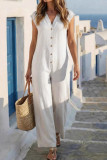 French Style V-neck Sleeveless Button Jumpsuit
