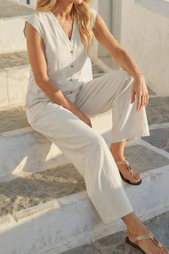 French Style V-neck Sleeveless Button Jumpsuit