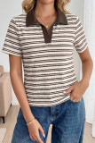 Lapel Coffee Striped Short Sleeved T-shirt