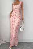 Floral Print Sleeveless Waist Cinching Dress