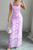 Floral Print Sleeveless Waist Cinching Dress