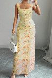 Floral Print Sleeveless Waist Cinching Dress