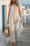 French Style V-neck Sleeveless Button Jumpsuit