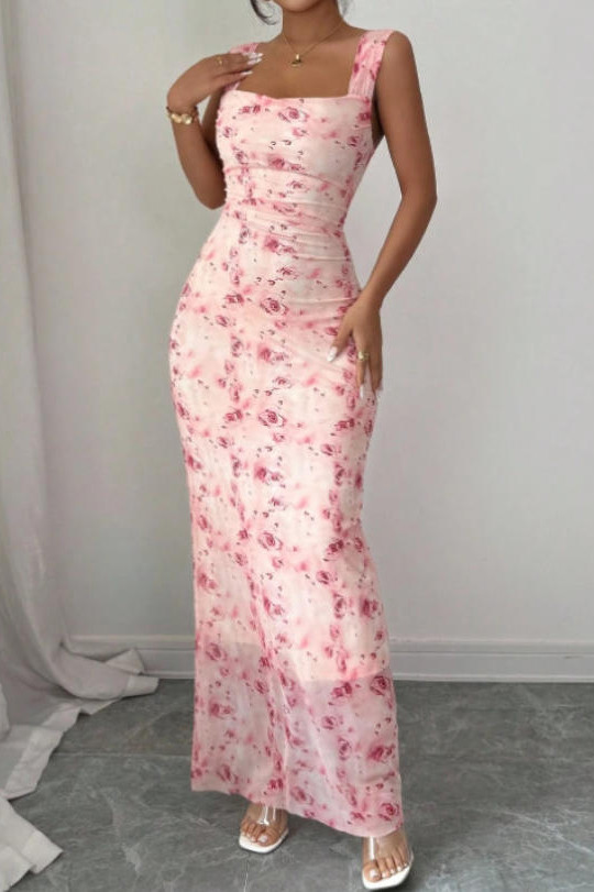 Floral Print Sleeveless Waist Cinching Dress