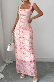 Floral Print Sleeveless Waist Cinching Dress