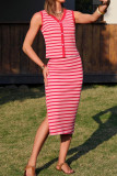 V-neck Button Striped Vest Half Skirt 2-piece Set