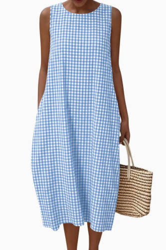 Sleeveless Plaid Printed Pocket Loose Dress