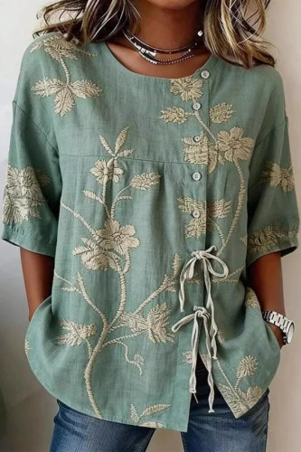 Floral Printed Round Neck Short Sleeved Shirt