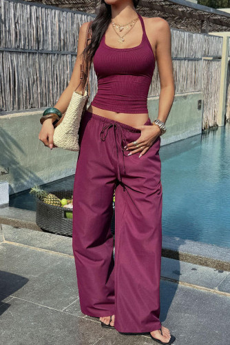 Solid Color Vest Wide Leg Pants 2-piece Set
