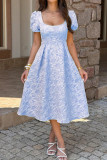 U-neck Jacquard Short Sleeved Waist Cinched Dress