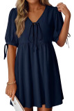 Loose V-neck Lace Up Bubble Short Sleeve Dress