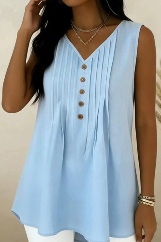 Solid Color Pleated V-neck Sleeveless Vest