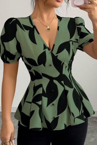 V-neck Bubble Short Sleeves Printed Shirt