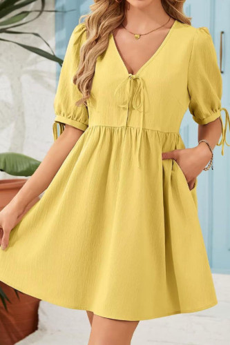 Loose V-neck Lace Up Bubble Short Sleeve Dress