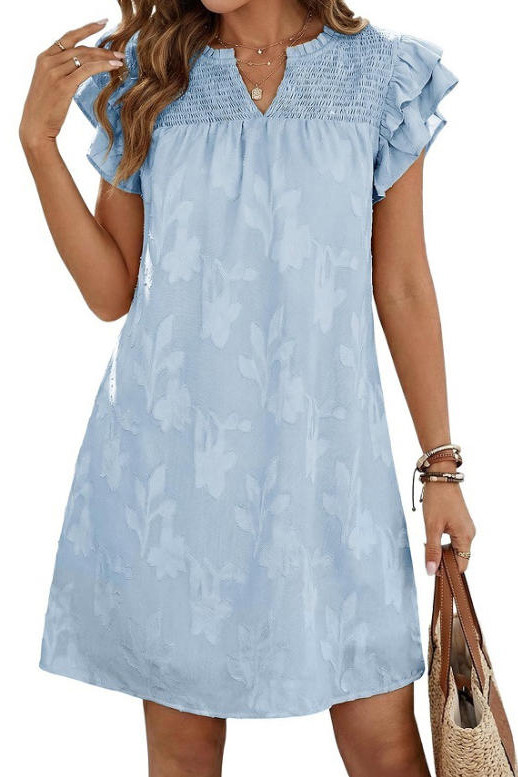 V-neck Ruffled Short Sleeved Pleated Floral Dress