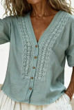 Solid Color V-neck Short Sleeved Button Up Shirt