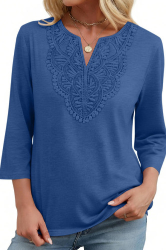 Solid Color V-neck Seven Quarter Sleeve T-shirt