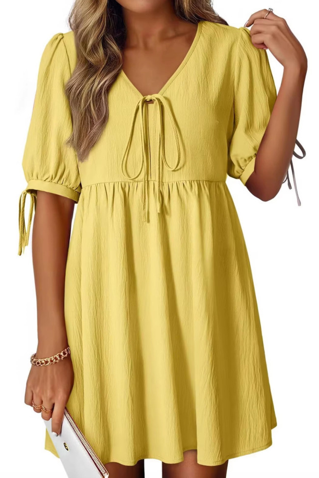 Loose V-neck Lace Up Bubble Short Sleeve Dress