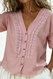 Solid Color V-neck Short Sleeved Button Up Shirt