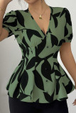 V-neck Bubble Short Sleeves Printed Shirt