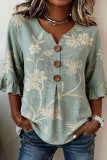 V-neck Ruffled Seven Quarter Sleeve T-shirt