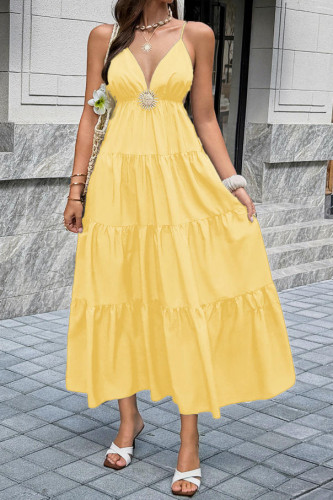V-neck Sleeveless Backless Waist Cinched Dress