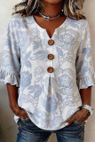 V-neck Ruffled Seven Quarter Sleeve T-shirt