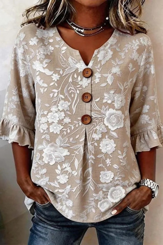 V-neck Ruffled Seven Quarter Sleeve T-shirt