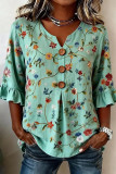 V-neck Ruffled Seven Quarter Sleeve T-shirt