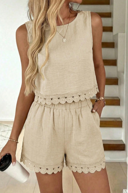 Lace Sleeveless Vest Shorts 2-piece Set