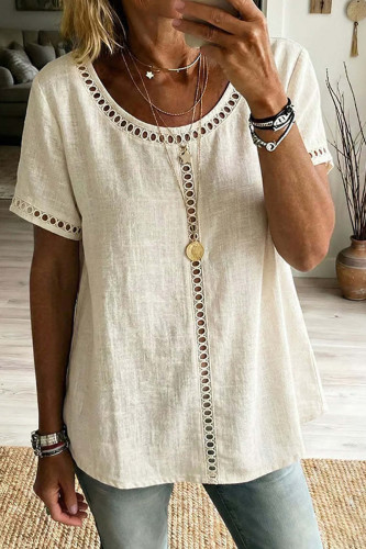 Round Neck Hollow Lace Short Sleeved T-shirt