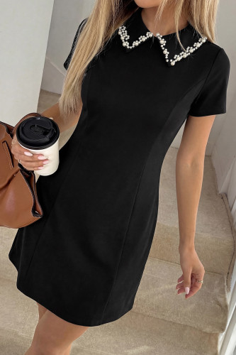 Nail Bead Lapel Short Sleeved Waist Cinching Dress