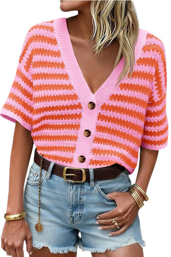 V-neck Striped Knitted Short Sleeved Cardigan