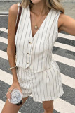 Striped V-neck Sleeveless Vest Shorts 2-piece Set