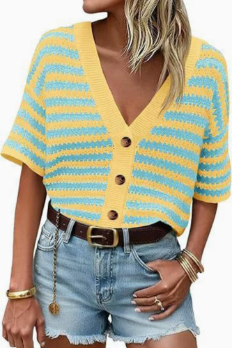 Short Sleeved Striped Hollow Knitted Cardigan