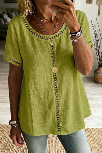 Round Neck Hollow Lace Short Sleeved T-shirt