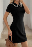Nail Bead Lapel Short Sleeved Waist Cinching Dress