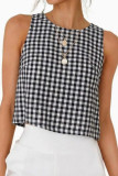 Button Round Neck Sleeveless Checkered Printed Vest