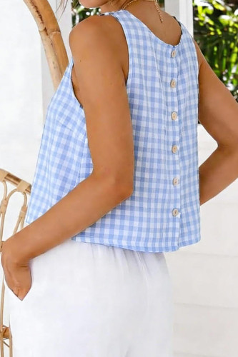 Button Round Neck Sleeveless Checkered Printed Vest